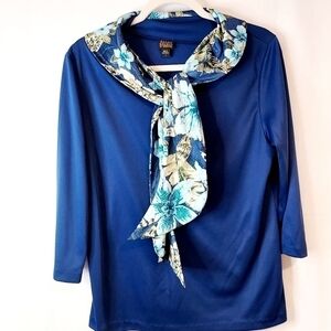 Haband Blue Knit 3/4 Sleeve & Scarf Career Casual Top Blouse Sz L